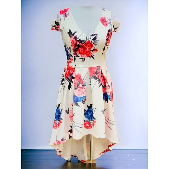 CHARLOTTE RUSSE HIGH LOW VNECK KEYHOLE SLEEVE PLEATED DROP WAIST DRESS MEDIUM - Picture 1 of 11